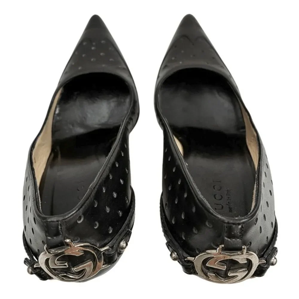 Gucci Interlocking G Black Leather Perforated Pumps Size 6 Womens High Heels - Picture 9 of 13